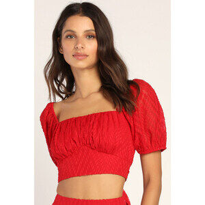 Lulus Key West Cutie Red Puff Sleeve Tie Back Crop Top - Size S
